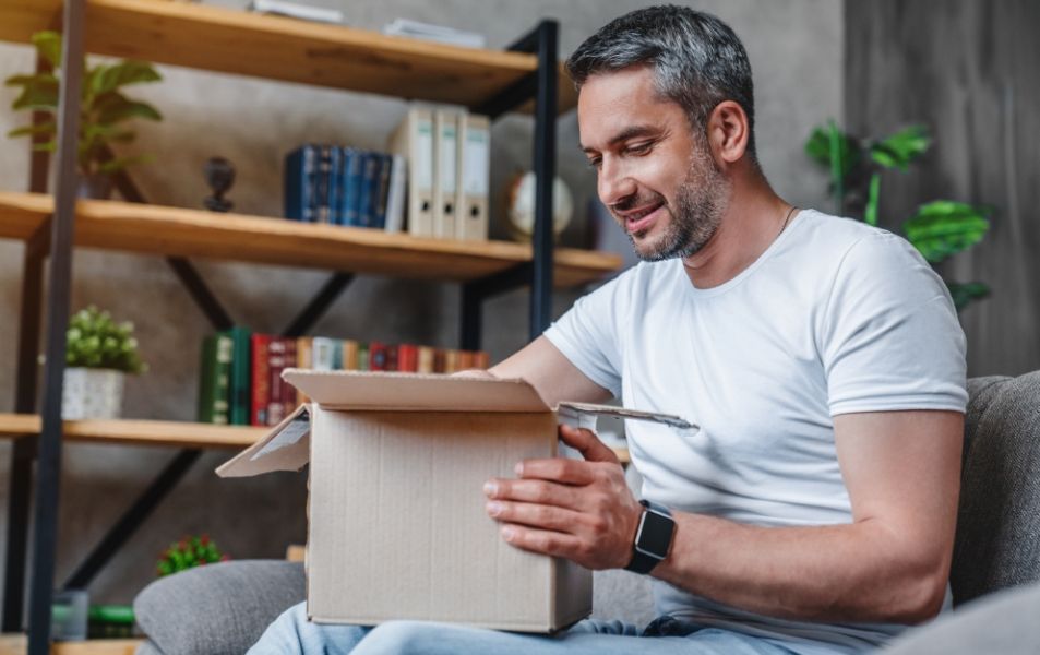 Mujer abriendo paquete confiando en la transparencia de Fatto